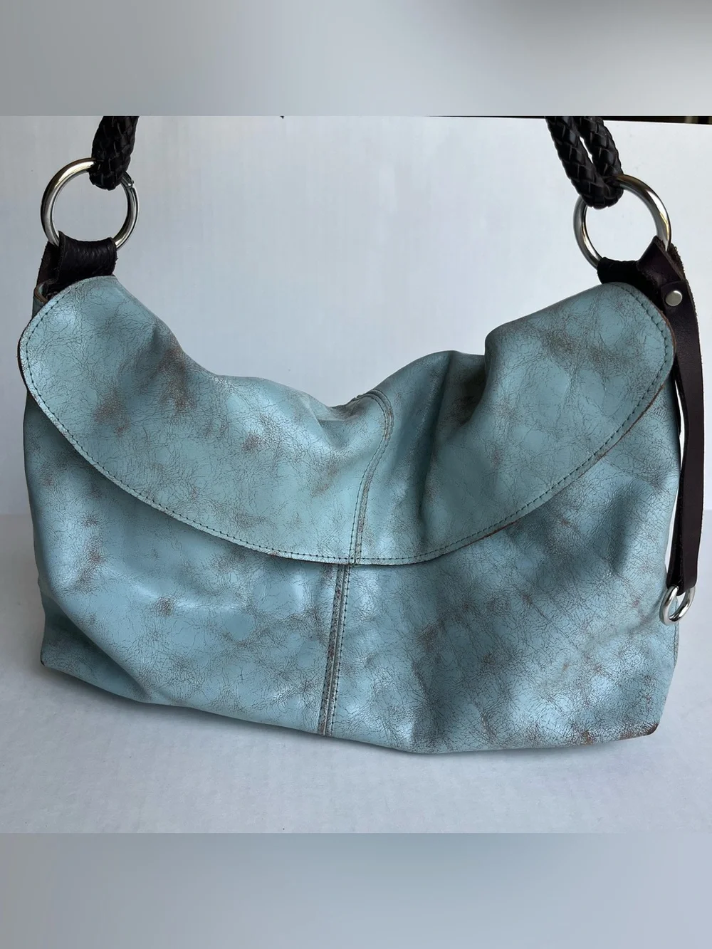 Henri Lou Turquoise Distressed Leather Boho Western Hobo Shoulder Bag